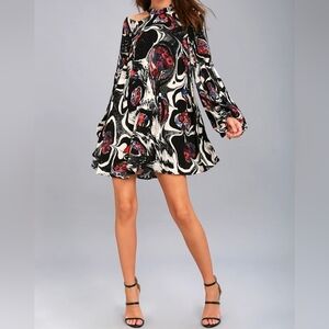 Free People Drift Away Black White Red Abstract Print Cold Shoulder Mini Dress